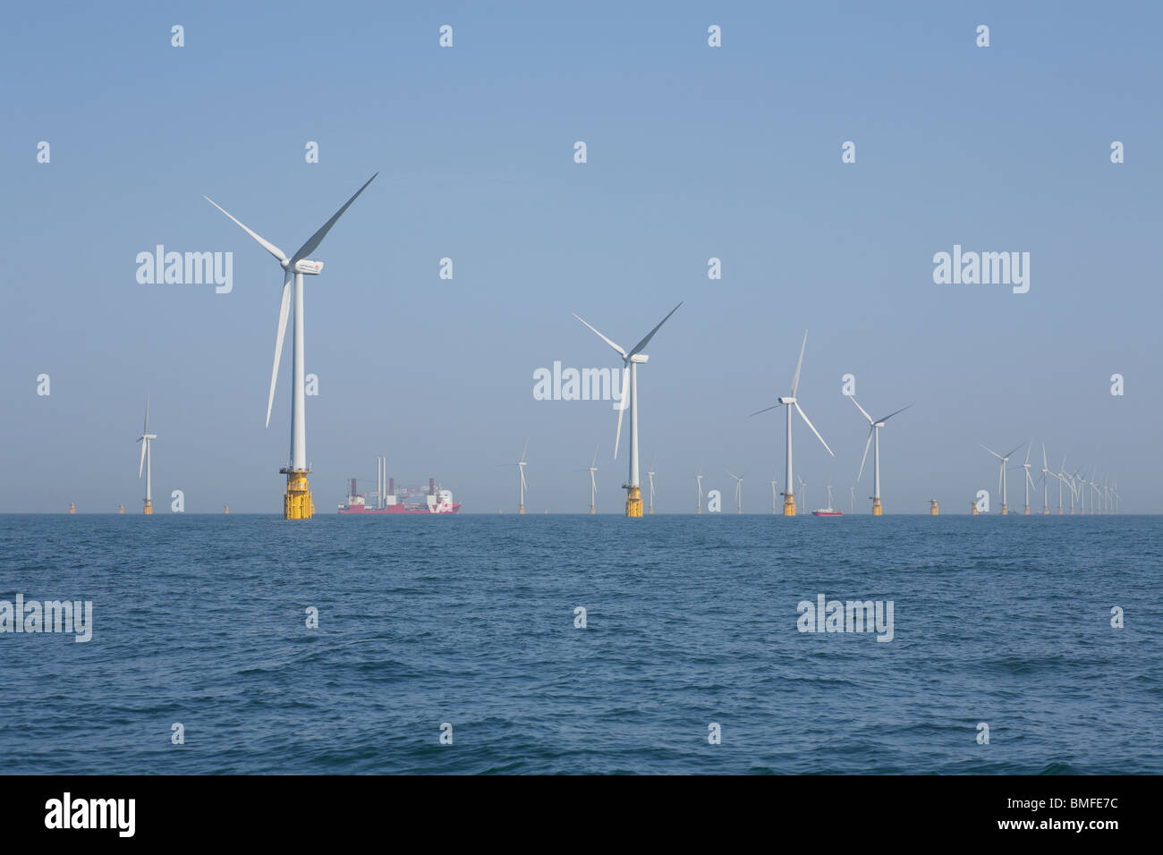 Modern energy array turbines under construction off the Isle of Thanet in Kent, it is the largest site in the world Stock Photo