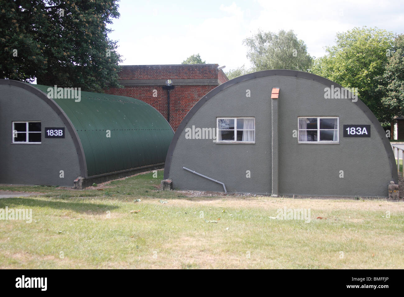 Nissen Huts Duxford Aero Museum - part of the Imperial War Museum. A Nissen hut is a prefabricated steel structure made from a h Stock Photo