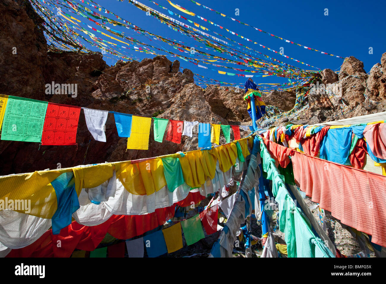 Prayer flags at Nam-tso Lake in Tibet Stock Photo