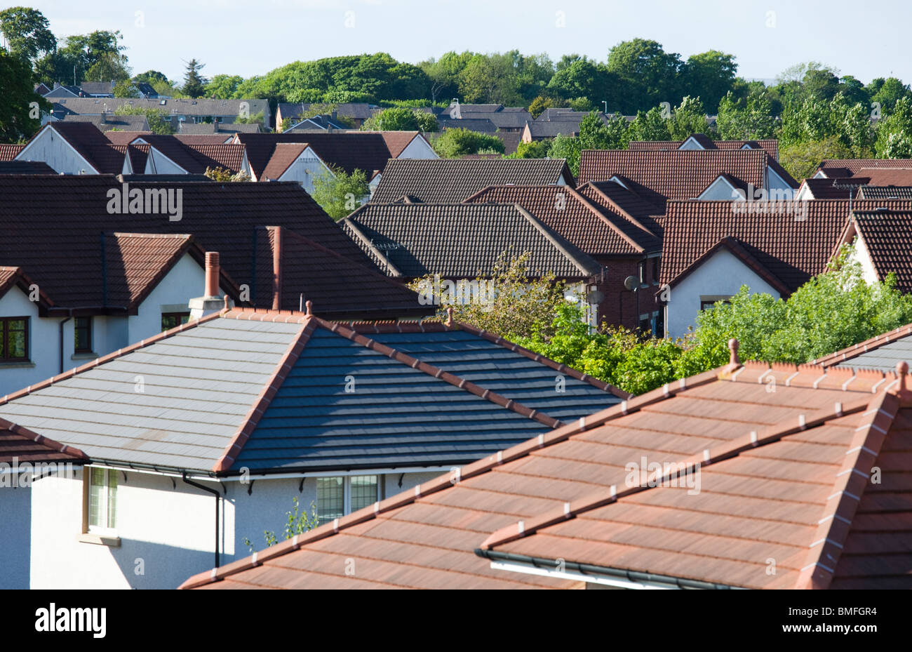 Roof tops of suburban houses in middle class area of Glasgow, Scotland