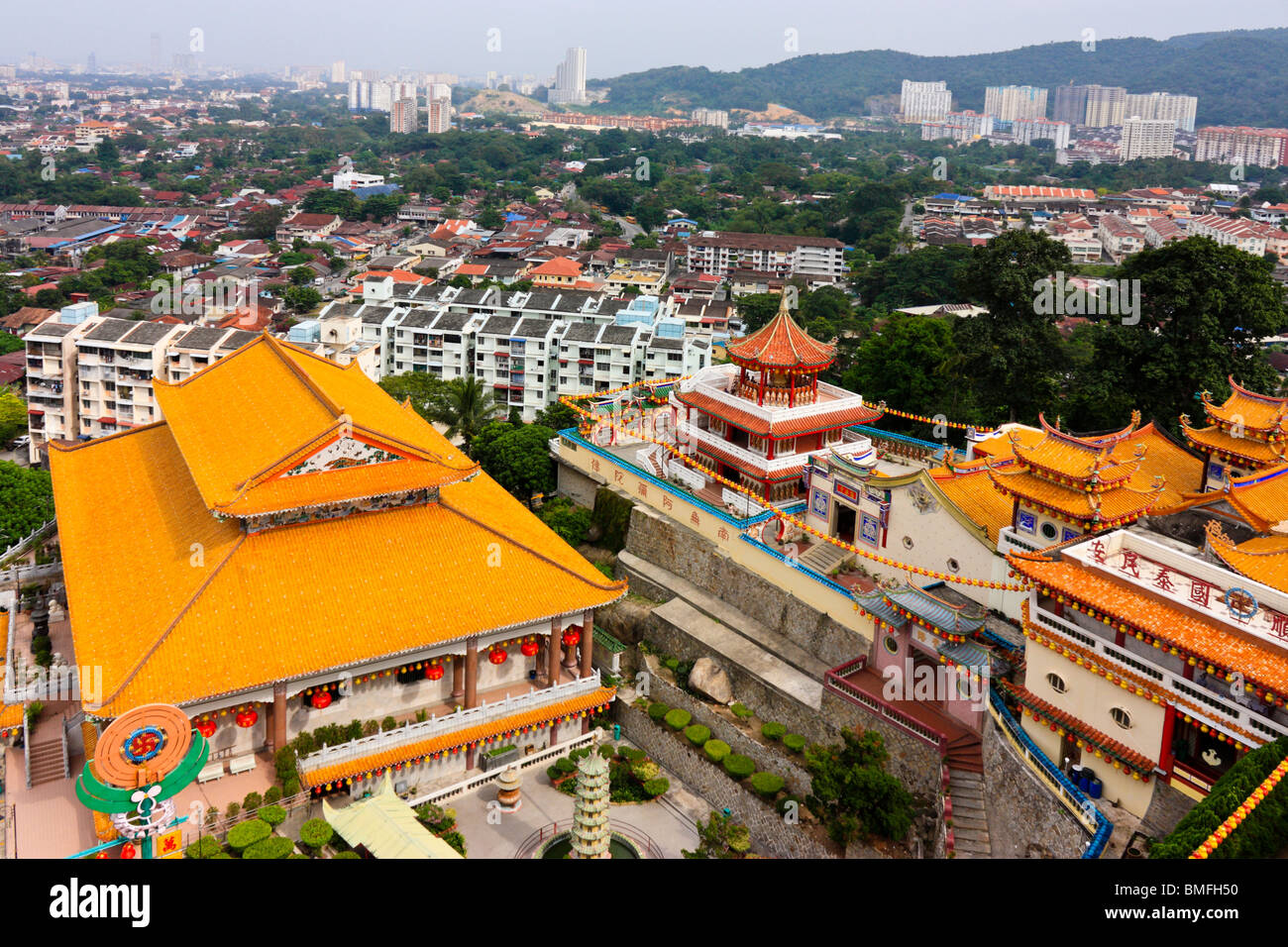 The Kek Lok Si Chinese Temple in Penang, Malaysia and view down on Ayer Hitam Stock Photo