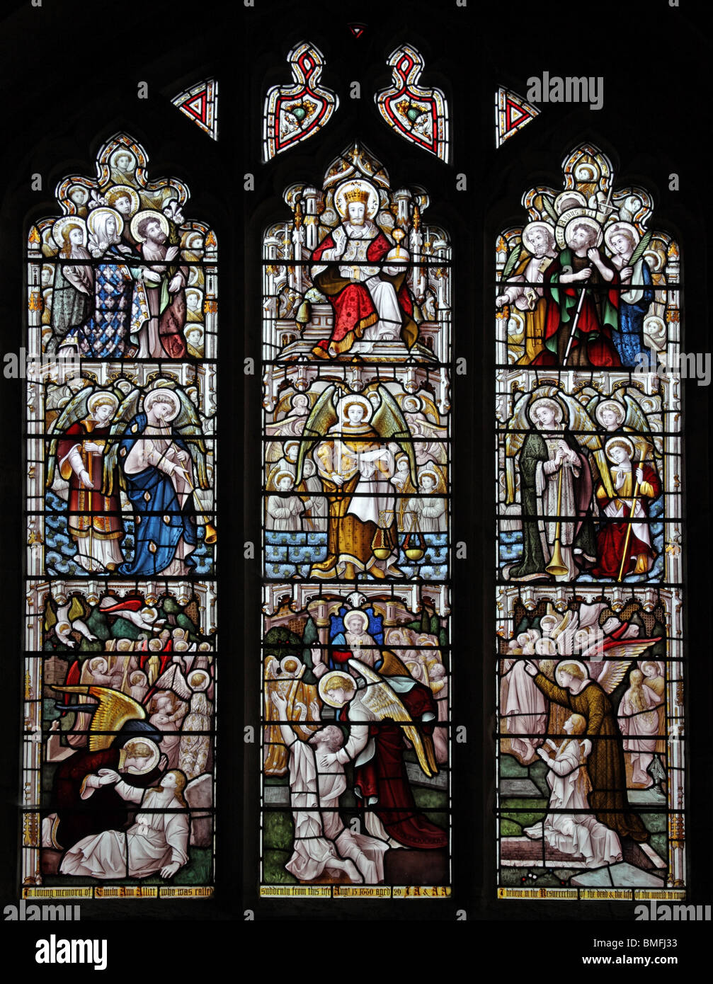 A stained glass window depicting the Resurrection of the Dead, St Mary the Virgin Church, Cropredy, Oxfordshire, England Stock Photo