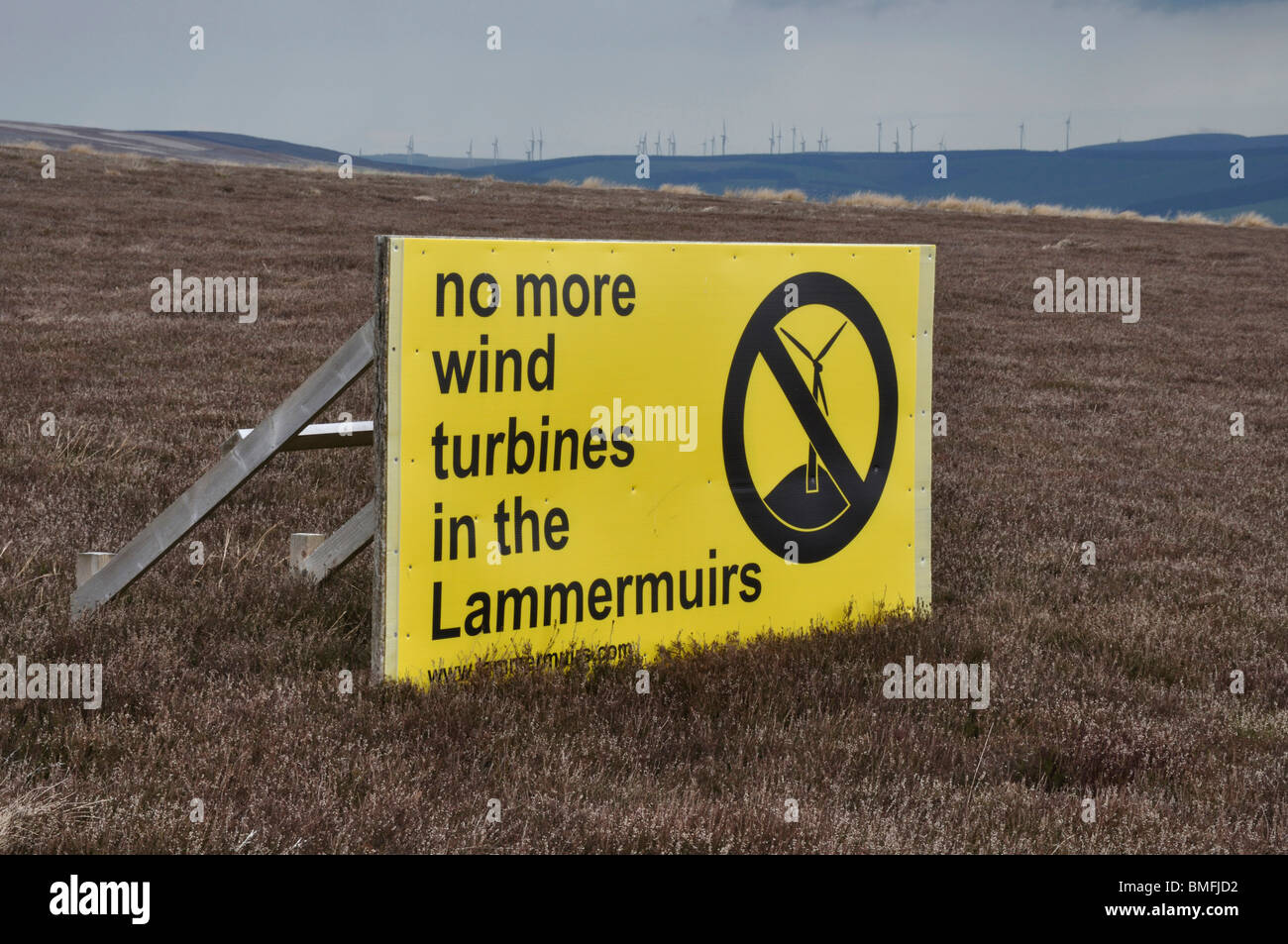 'No more wind turbines in the Lammermuirs' sign, Lammermuir hills, Scotland Stock Photo