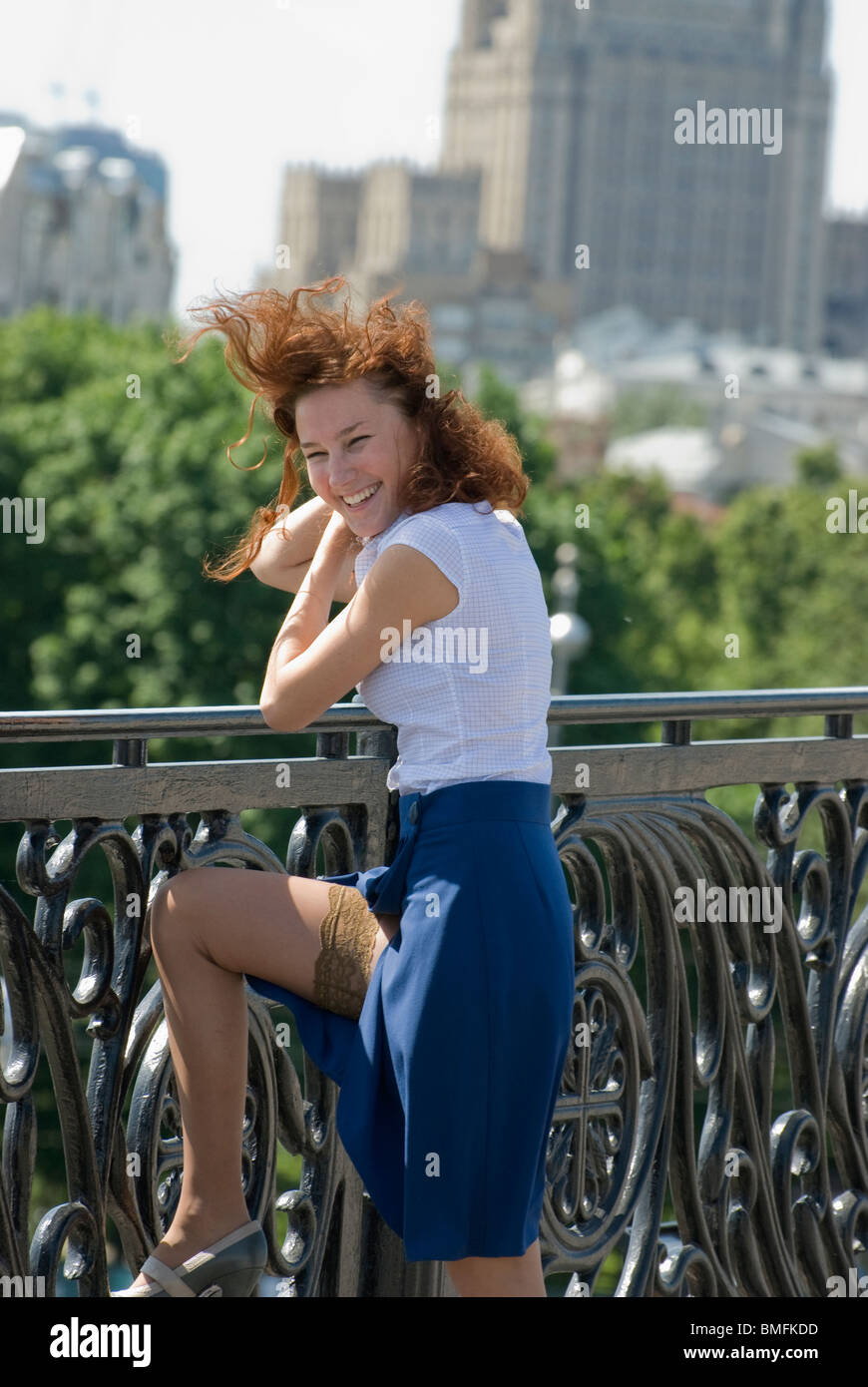 Smiling Russian young girl in nylons Stock Photo Alamy