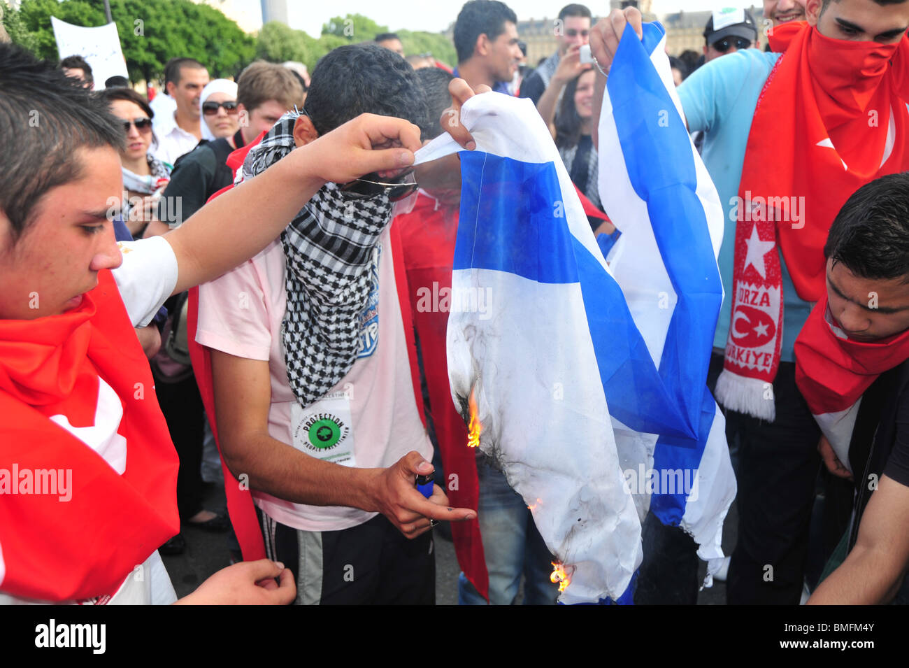 Pro-Palestinian demonstration in Paris to protest  Israel's deadly attack on a flotilla heading to Gaza. Stock Photo