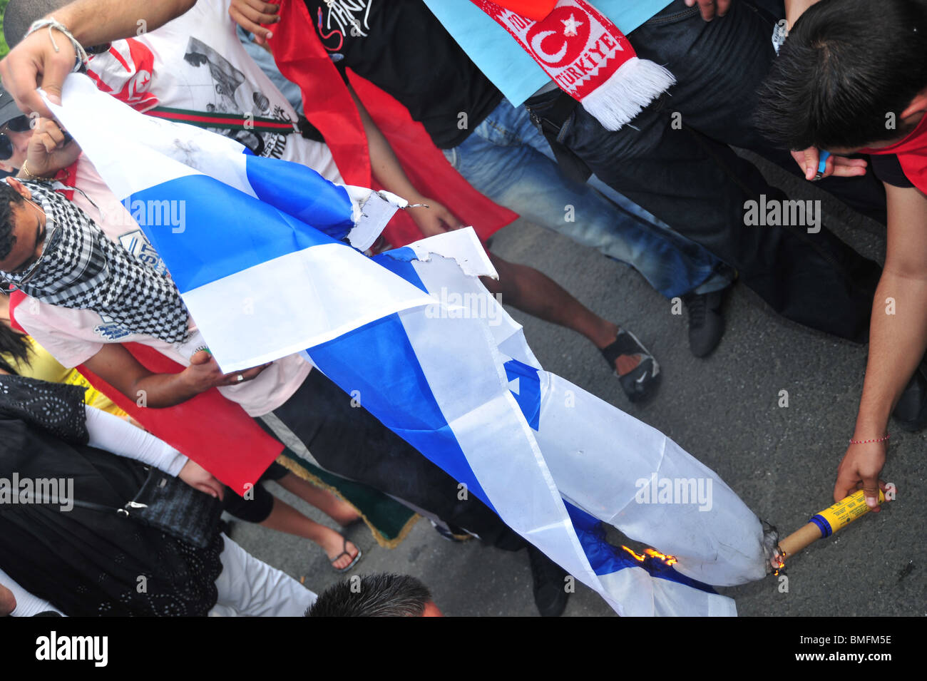Pro-Palestinian demonstration in Paris to protest  Israel's deadly attack on a flotilla heading to Gaza. Stock Photo
