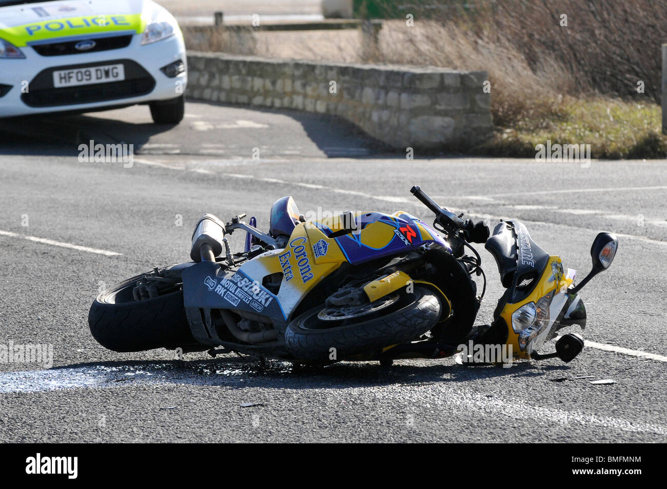 Motorcycle crash, motorbike rta Stock Photo