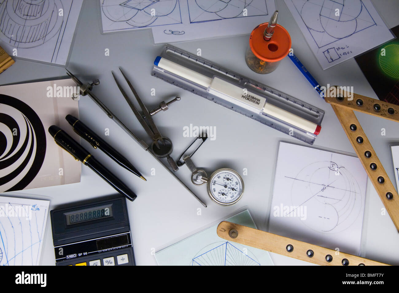 Technical drafting tools, Pantograph, rulers, compass, calculator and