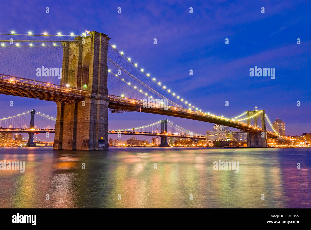 New York City, the Brooklyn Bridge over the East River with the ...