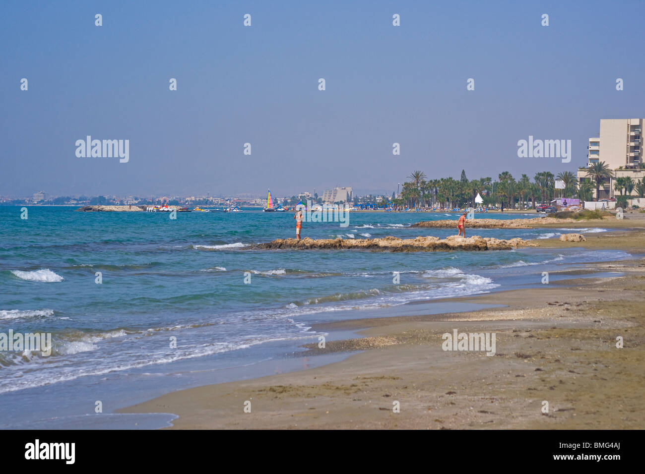Oroklini beach, Larnaka bay, looking to Larnaka city, Cyprus Stock ...