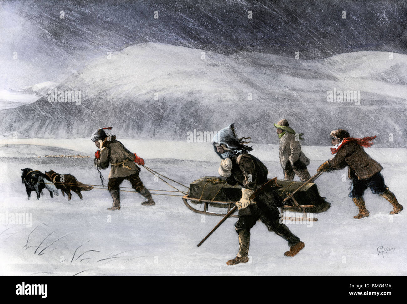 Prospectors' dogsled in a snowstorm to get to the Klondike goldfields, 1898. Hand-colored halftone of an illustration Stock Photo