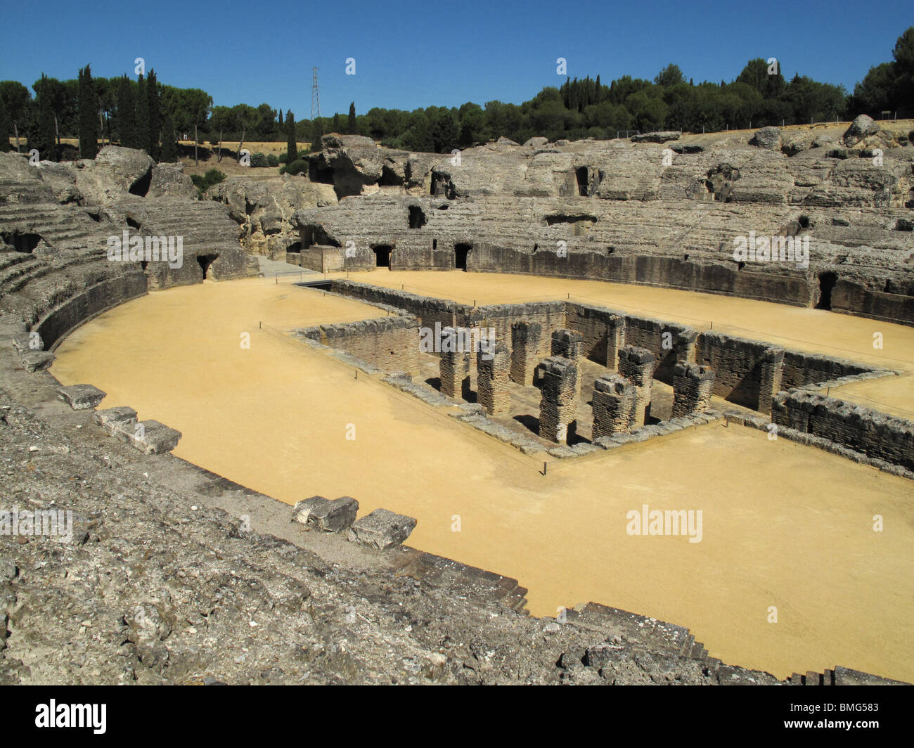 Roman amphitheater in Italica. Seville province. Andalusia. Spain. Stock Photo