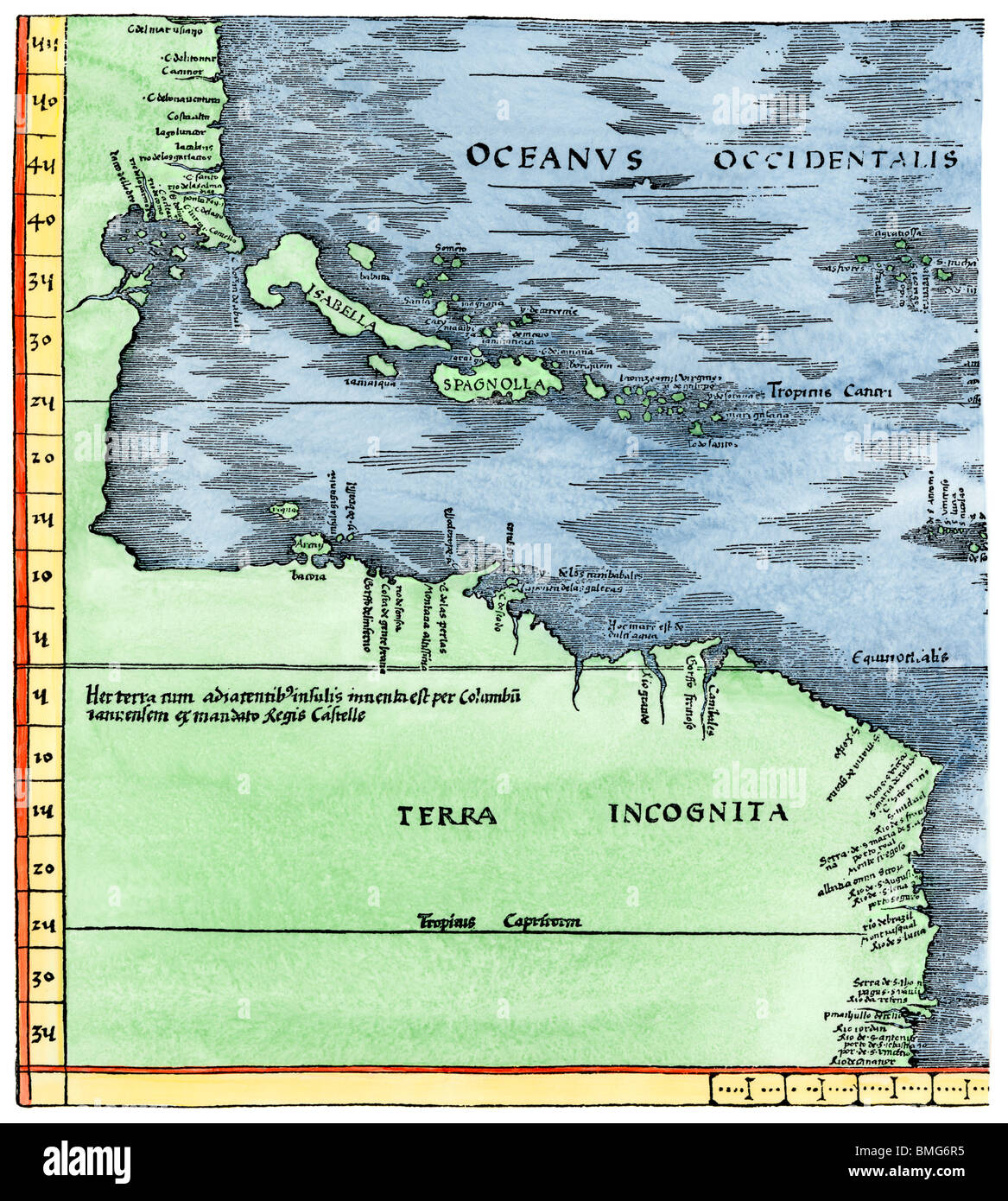 Tabula Terre Nove 1513: the Admiral's Map of the Caribbean and Terra Incognita (unknown lands). Hand-colored woodcut Stock Photo