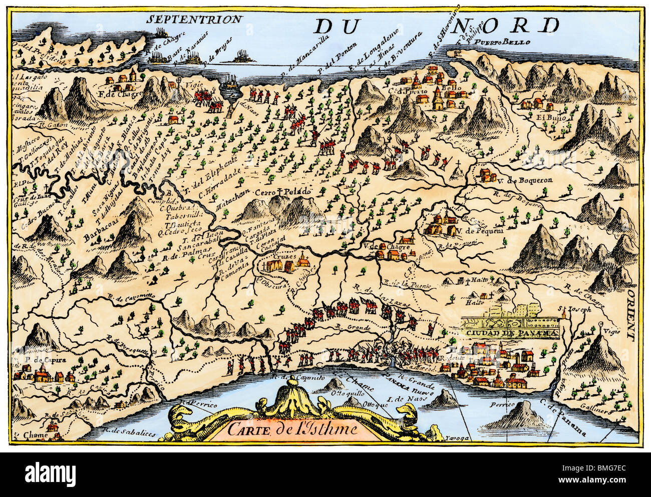 Map from Oexmelin's Histoire of the Isthmus of Panama, 1744. Hand-colored woodcut Stock Photo