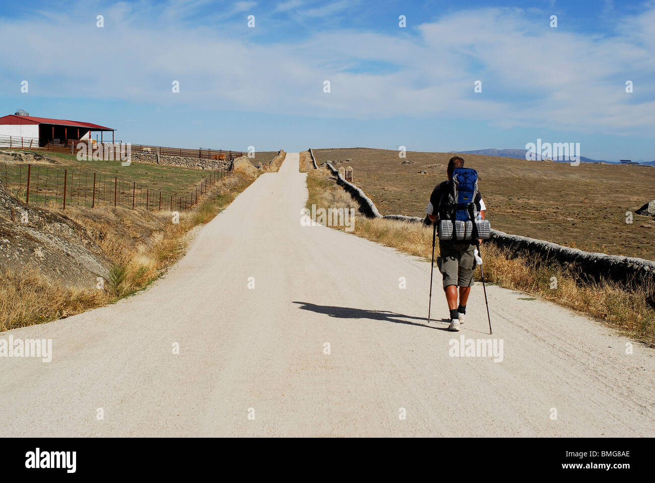 Pilgrim walking the Silver Way or Via de la Plata to Santiago in Caceres province. Extremadura region, Spain Stock Photo