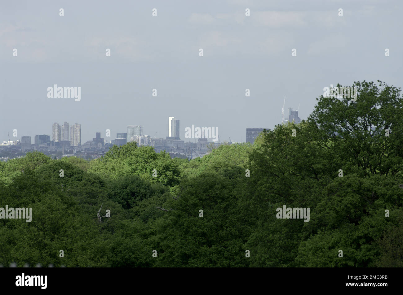 The City and Central London seen from the famous viewpoint on Sawyers Hill in Richmond Park, South west London Stock Photo