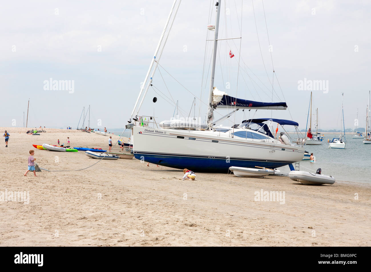 Southerley 49 sailing yacht beached at East Head, Chichester Harbour, UK Stock Photo