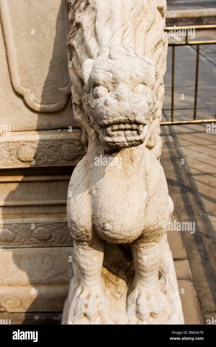 Carved marble foundation with mythical animal Qilin, Palace Of Admiring Benevolence, Forbidden City, Beijing, China Stock Photo