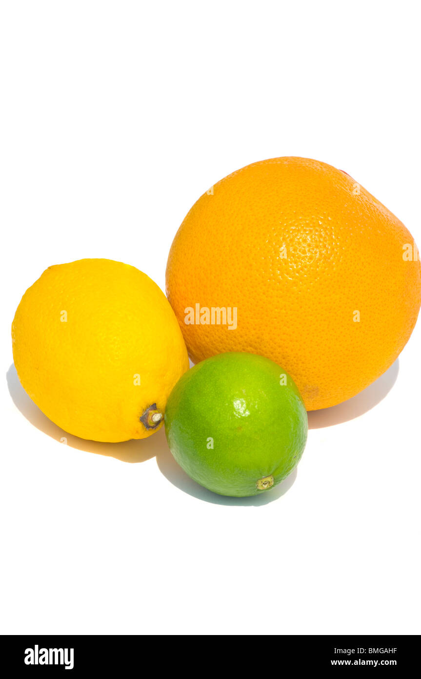 An Orange Lemon And Lime Isolated Against A White Background Stock Photo