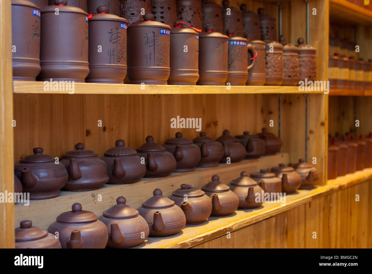 Purple sand teapots and cups sold in a souvenir shop, Dashilan Shopping