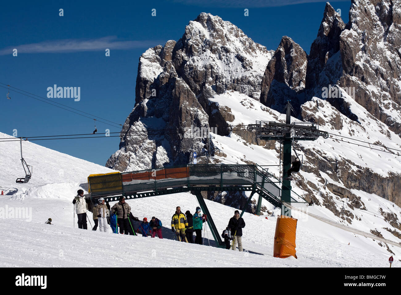 Chair lift The Odle  Geislerspitzen  Seceda Col Raiser  Selva Val Gardena Dolomites Italy Stock Photo