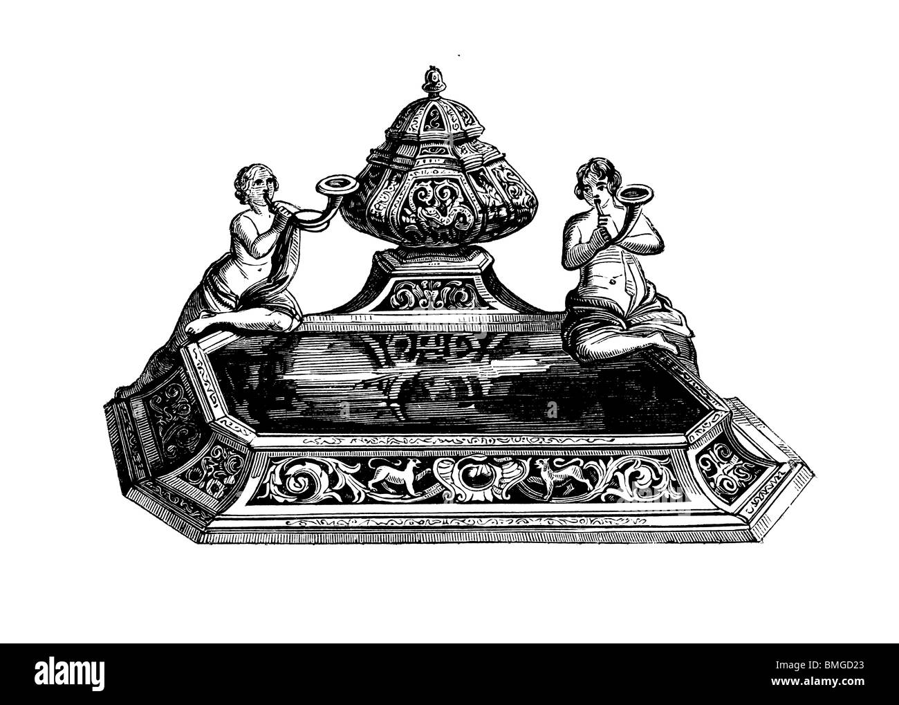 Black and white engraving cut out isolated on white. Illustration of an art item exhibited at the Great London Exhibition 1851. Stock Photo