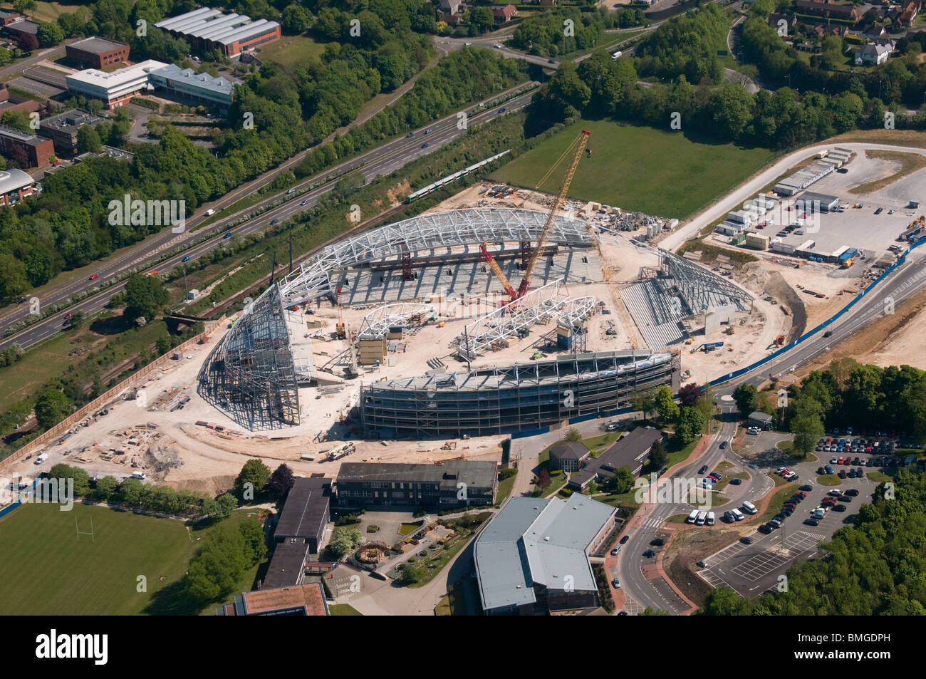 aerial photograph of Falmer stadium home of Brighton FC's new ground under construction at Falmer, Sussex, England Stock Photo