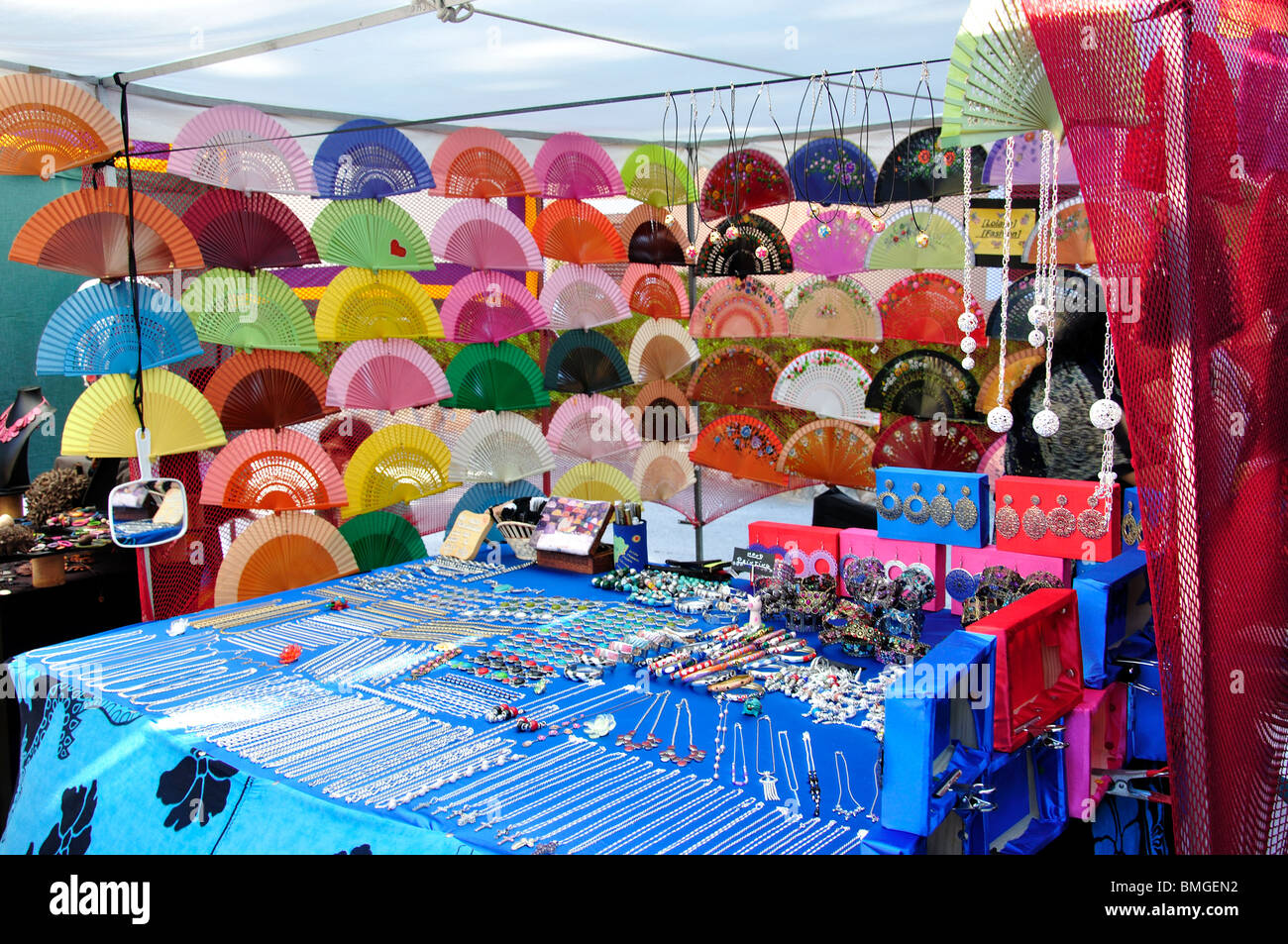 Colourful stall, The Hippy Market, Punta Arabi, Es Cana, Balearic Islands, Spain Stock Colourful stall, The Hippy Market, Punta Arabi, Es Cana, Balearic Islands, Spain Stock