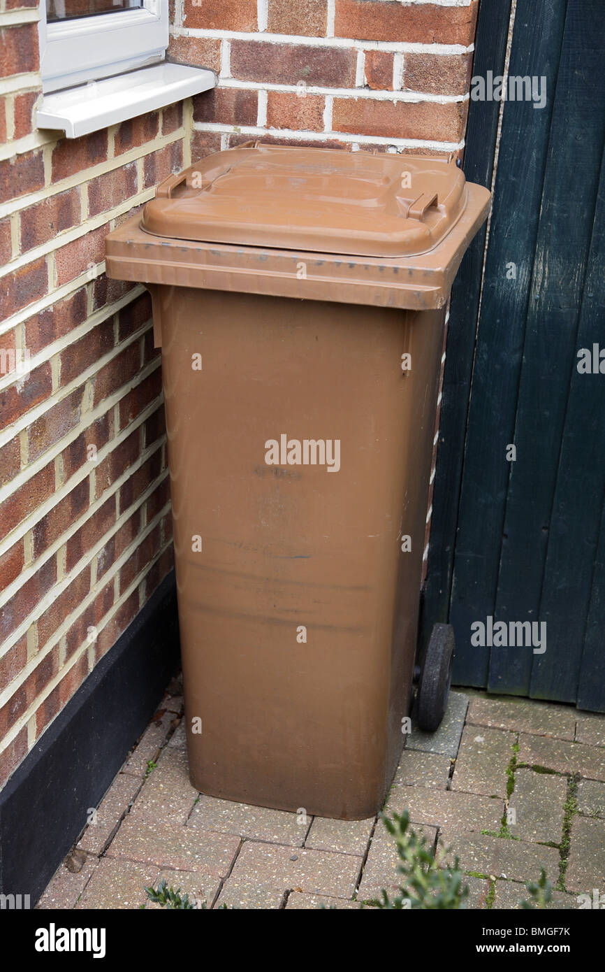 Domestic wheelie bin outside a house. Stock Photo