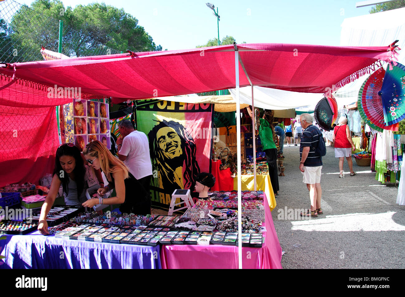 Colourful stalls, The Hippy Market, Punta Arabi, Es Cana, Balearic Islands, Spain Stock Colourful stalls, The Hippy Market, Punta Arabi, Es Cana, Balearic Islands, Spain Stock