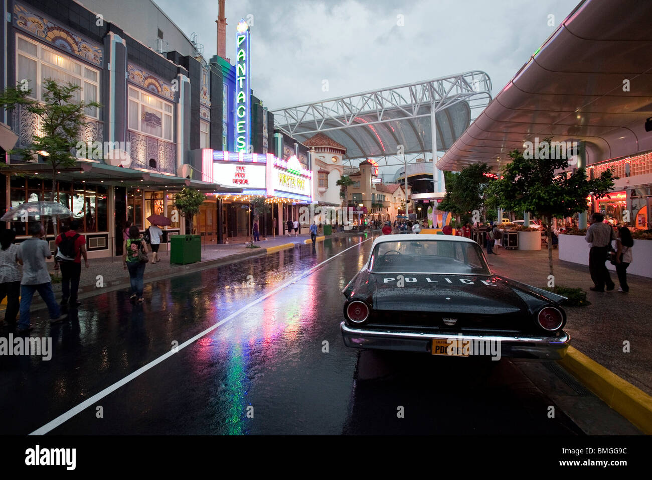 A Vintage Police Car Is Parked Outside Mel S Drive In At Universal Studios Singapore Within Resorts World Sentosa In Singapore Stock Photo Alamy