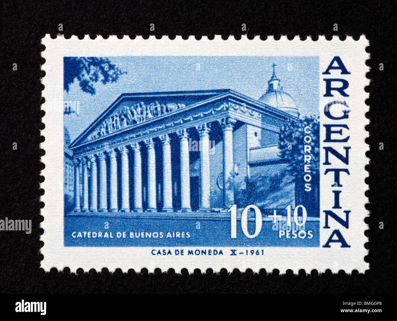 Postage stamp from Argentina depicting the cathedral at Buenos Aires, for the 1962 International Stamp Exhibition. Stock Photo