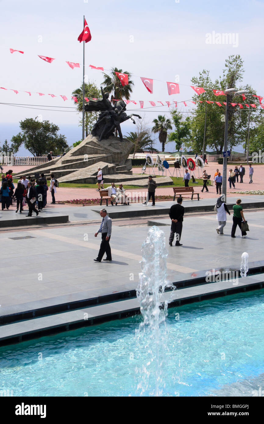 Turkey Antalya Cumhuriyet Square local people relax with fountains and water features Stock