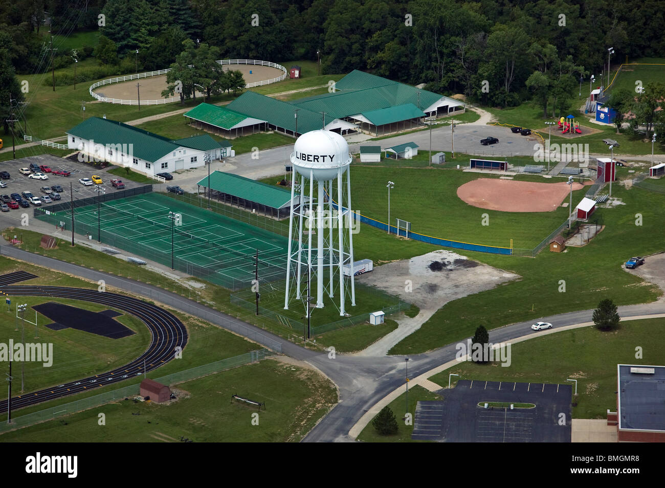 aerial view above Liberty Indiana water tower tennis courts track