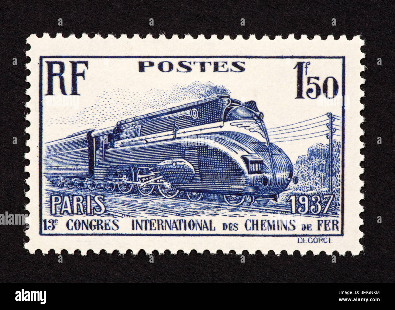 Postage stamp from France depicting train for the International