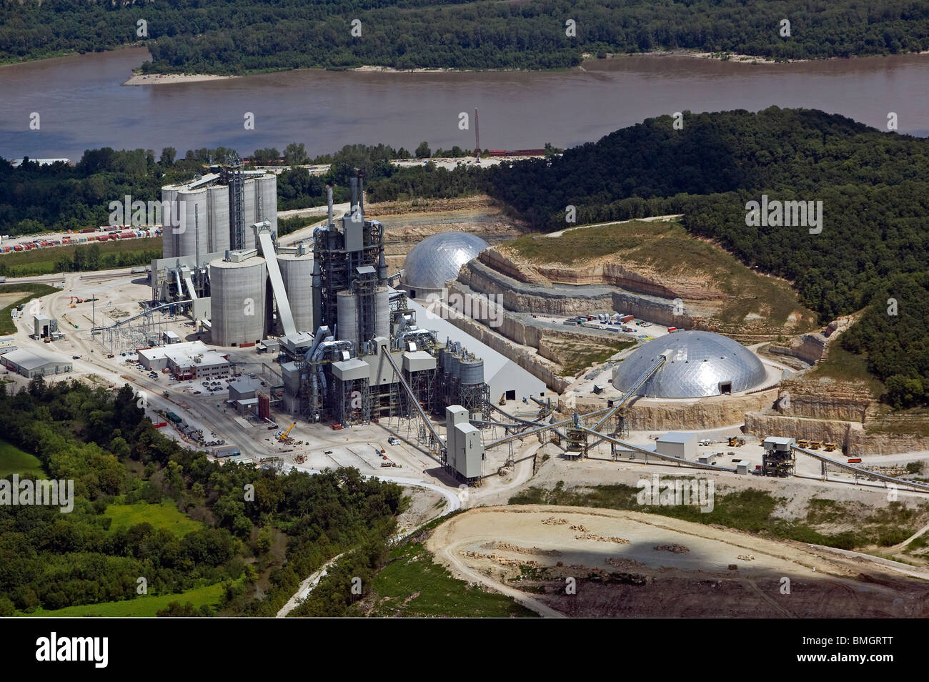 aerial view above Holcim St. Genevieve cement manufacturing plant western Missouri Mississippi river Stock Photo