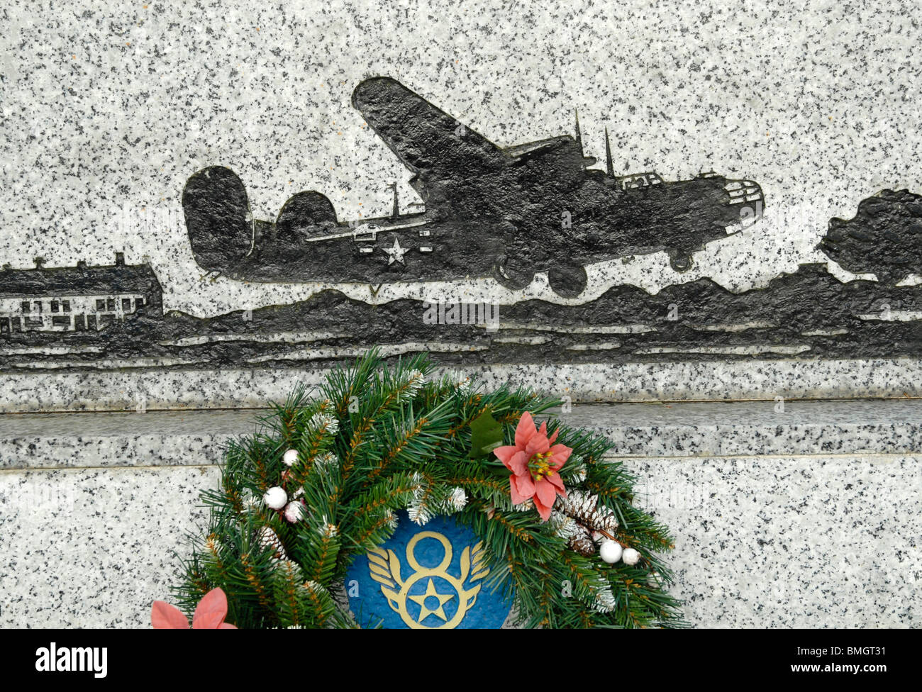 Wreath and memorial stone to the US 8th Air Force at Harrington Airfield, Northamptonshire, UK, 2008. Stock Photo