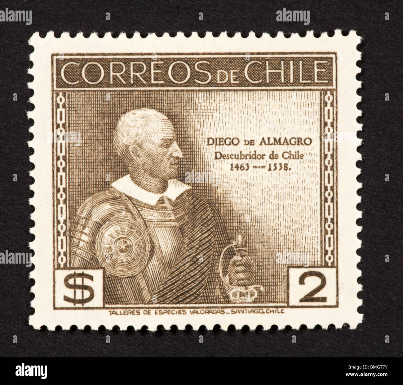 Postage stamp from Chile depicting Diego de Almagro, conquistador and discoverer of Chile. Stock Photo