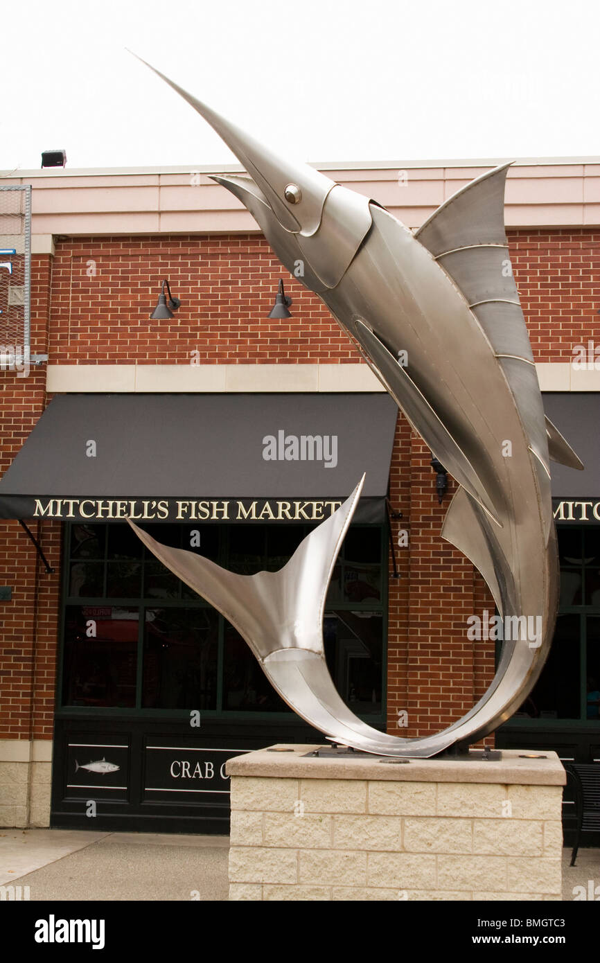 Metal Fish at Mitchells Fish Market. Newport Kentucky USA. Stock Photo