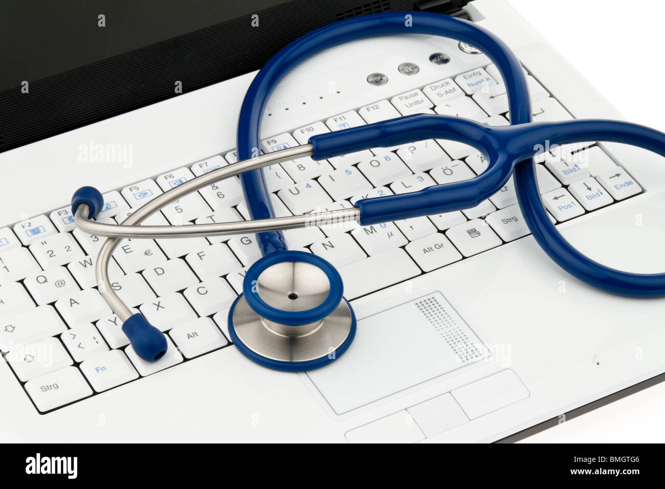 Stethoscope on laptop computer. Security for data on the Internet Stock Photo