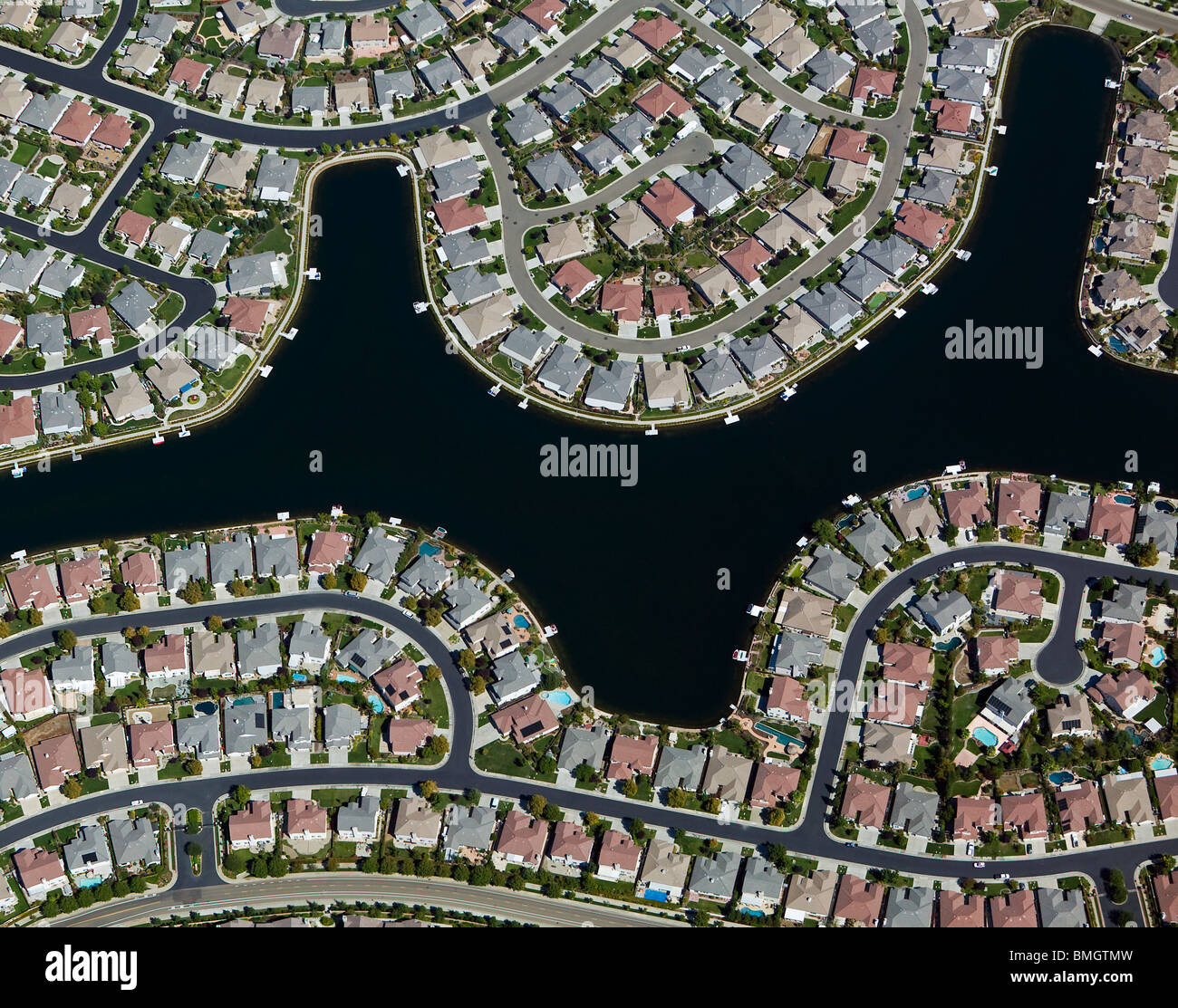 aerial view above residential housing subdivision Sacramento California Stock Photo