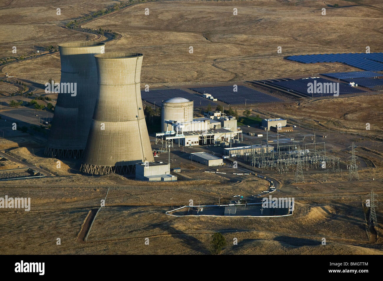 aerial view above decommissioned Rancho Seco Nuclear Generating Station Herald California Sacramento County Stock Photo
