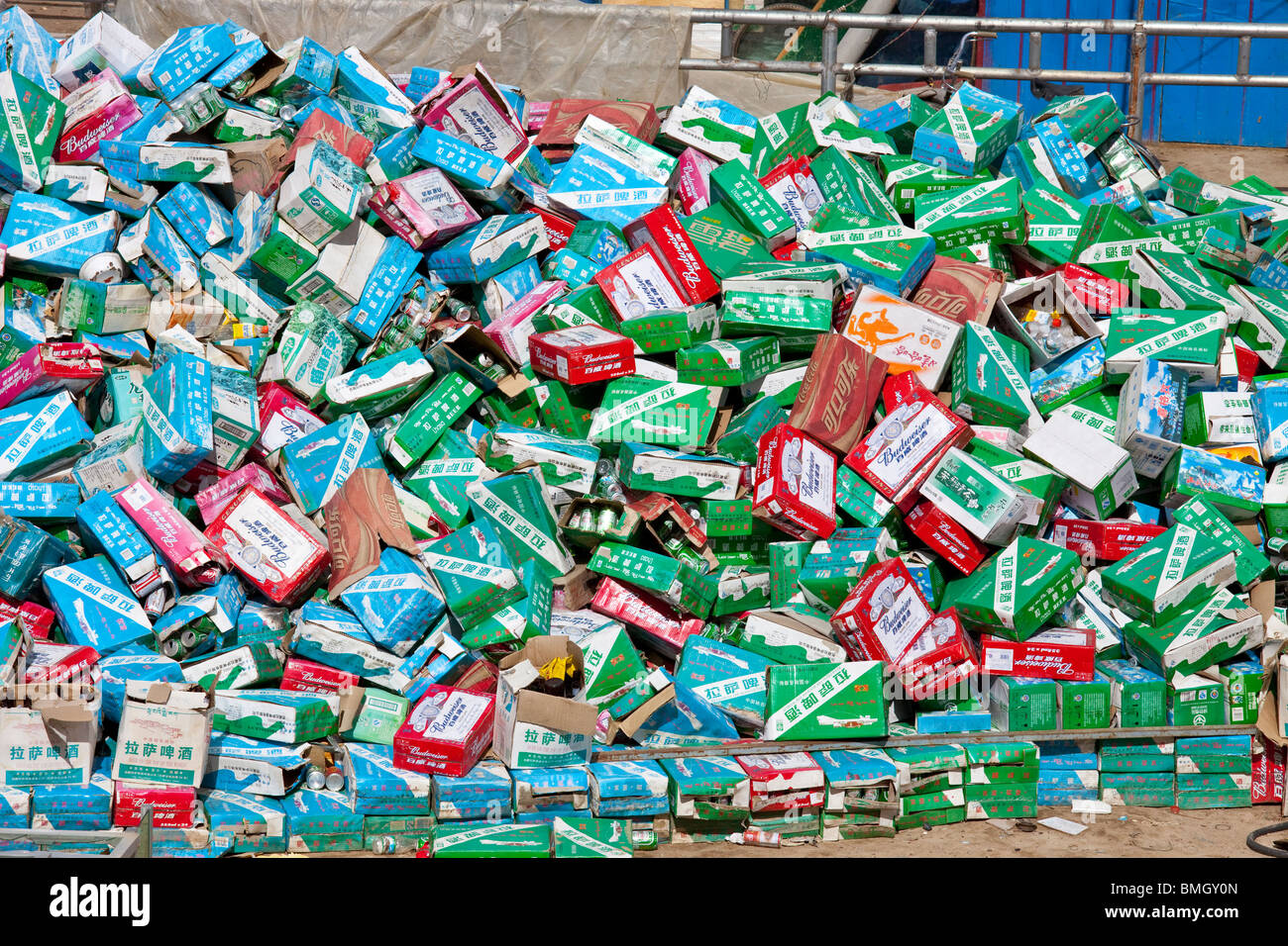 Cardboard gathered for recycling in Gyantse, Tibet Stock Photo