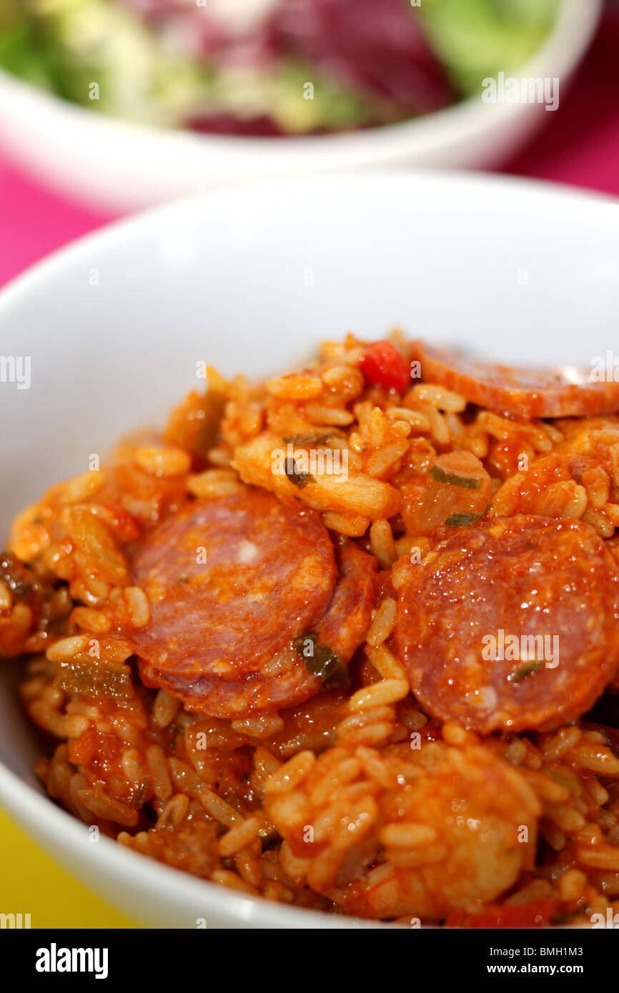 Fresh Spicy Cajun Chicken and Chorizo Sausage Jambalaya Served In A Bowl with No People Stock