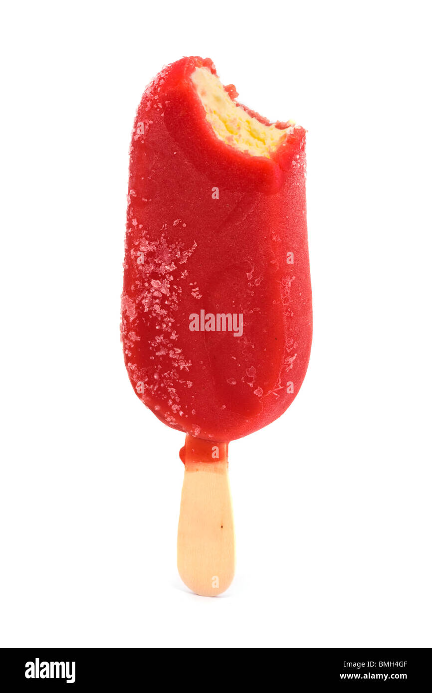 red ice lolly with a bite taken out on a white background Stock Photo