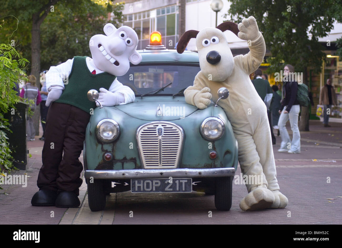 Cartoon Characters Wallace and Gromit with their Austin A35 Van from
