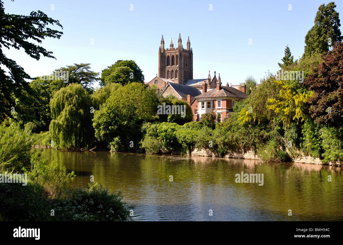 Hereford Cathedral and River Wye, Herefordshire, England, UK Stock Photo