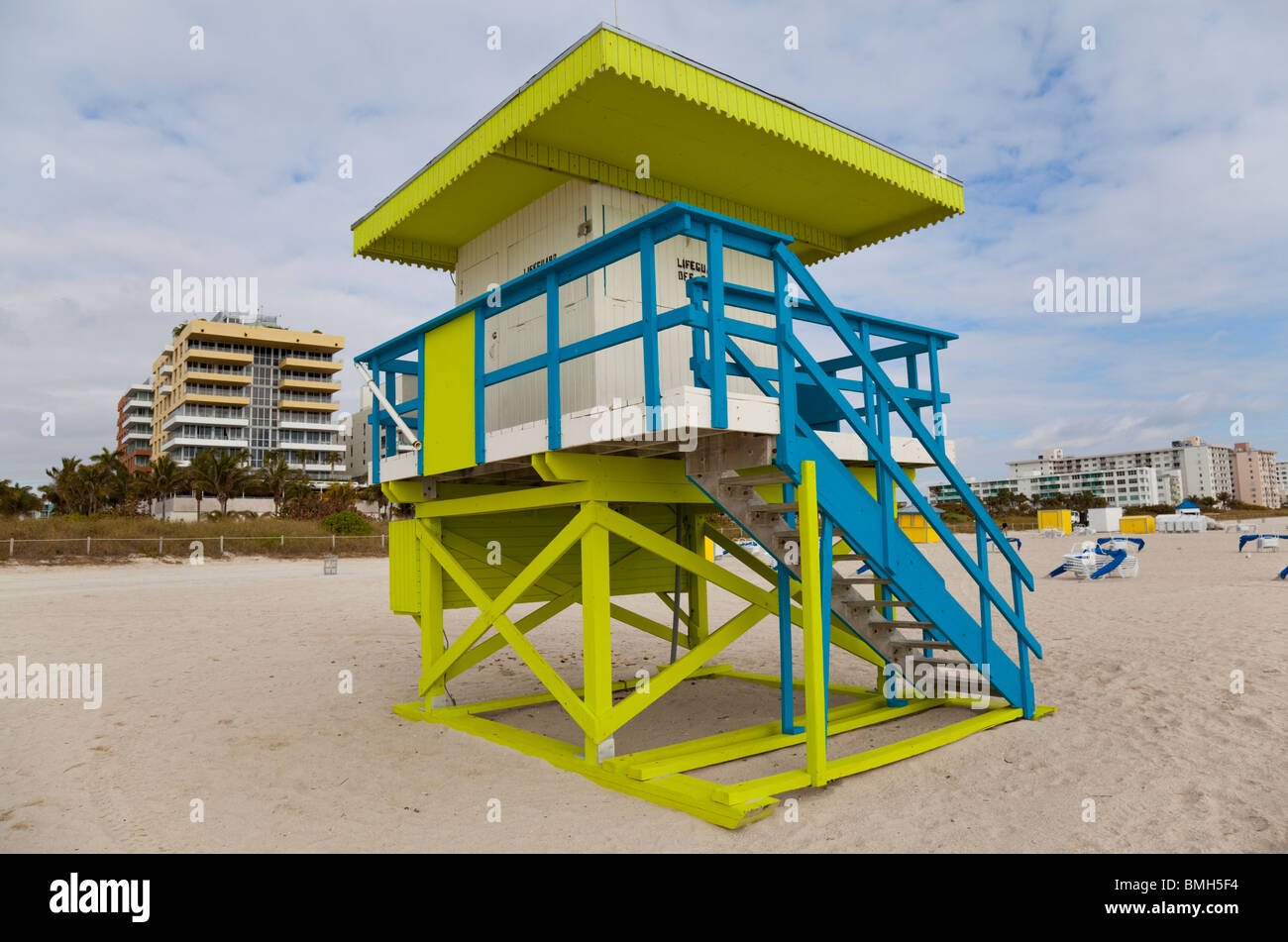 Colourful art deco inspired beach hut on Miami South Beach, Florida Stock Photo