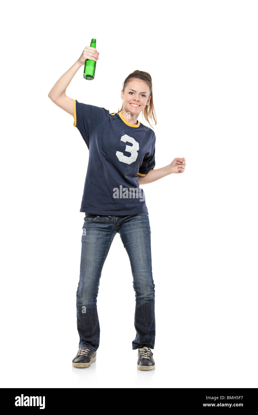 Happy female sport fan with a bottle Stock Photo