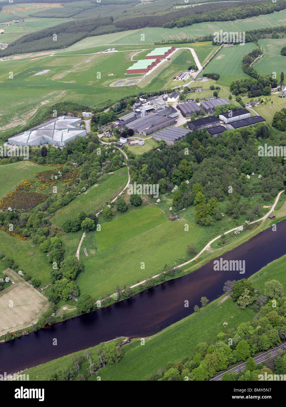Aerial shot of the world famous Macallan scotch whisky distillery near Ballindalloch in the highlands of Scotland on Speyside Stock Photo